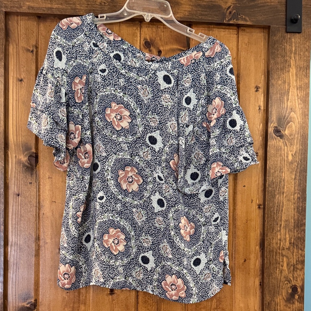 LOFT Navy Blouse with Pink Floral Print